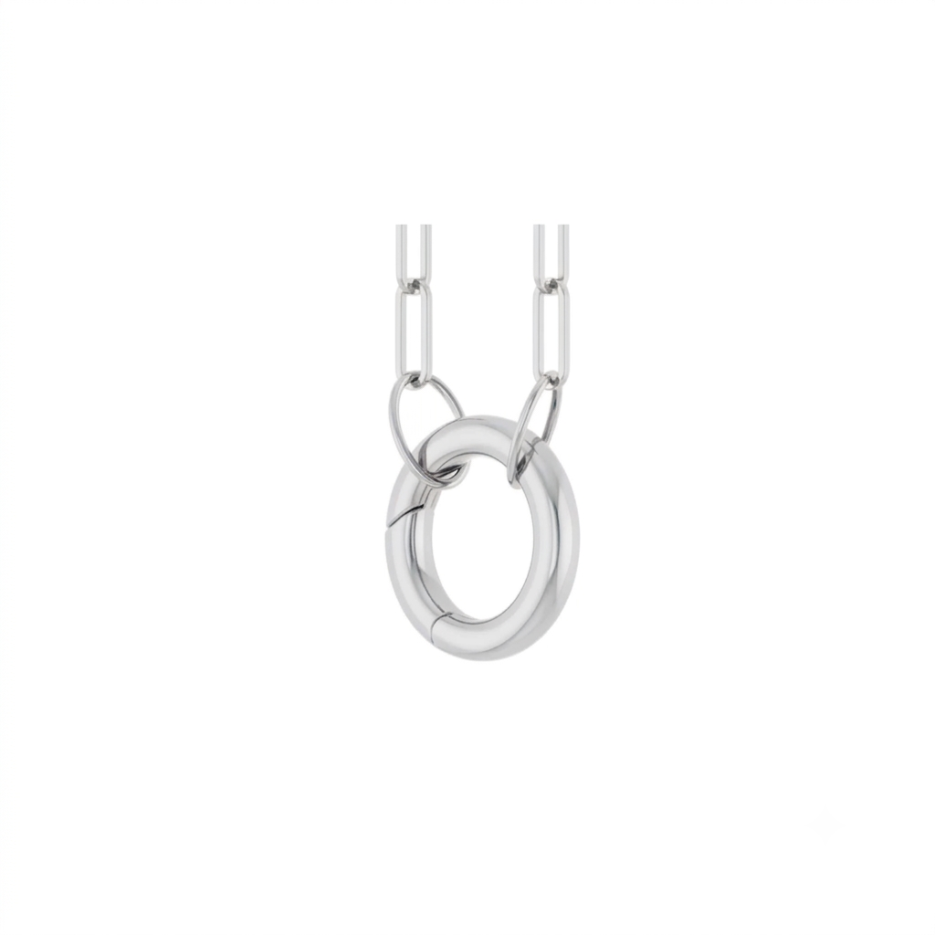 Circle charm holder necklace in 14K yellow gold with a hinged ring pendant on a white background angled view by Camille Jewelry