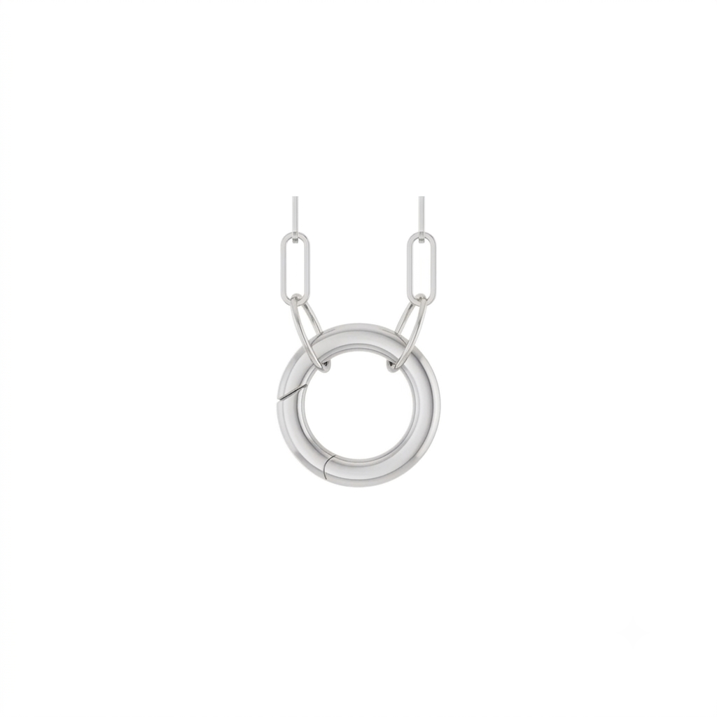 Circle charm holder necklace in 14K yellow gold with a hinged ring pendant on a white background front view by Camille Jewelry