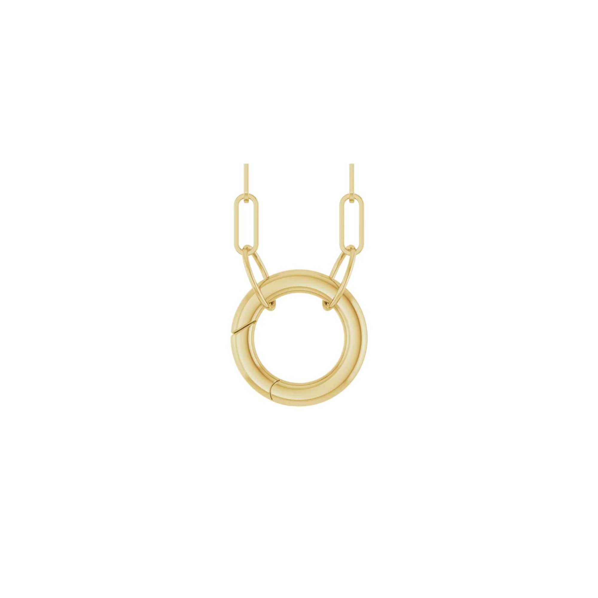 Circle charm holder necklace in 14K yellow gold with a hinged ring pendant on a white background by Camille Jewelry