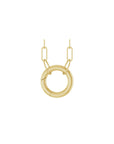 Circle charm holder necklace in 14K yellow gold with a hinged ring pendant on a white background by Camille Jewelry