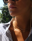 Convertible Snake Chain Necklace For Eyewear on model close up- Camille Jewelry