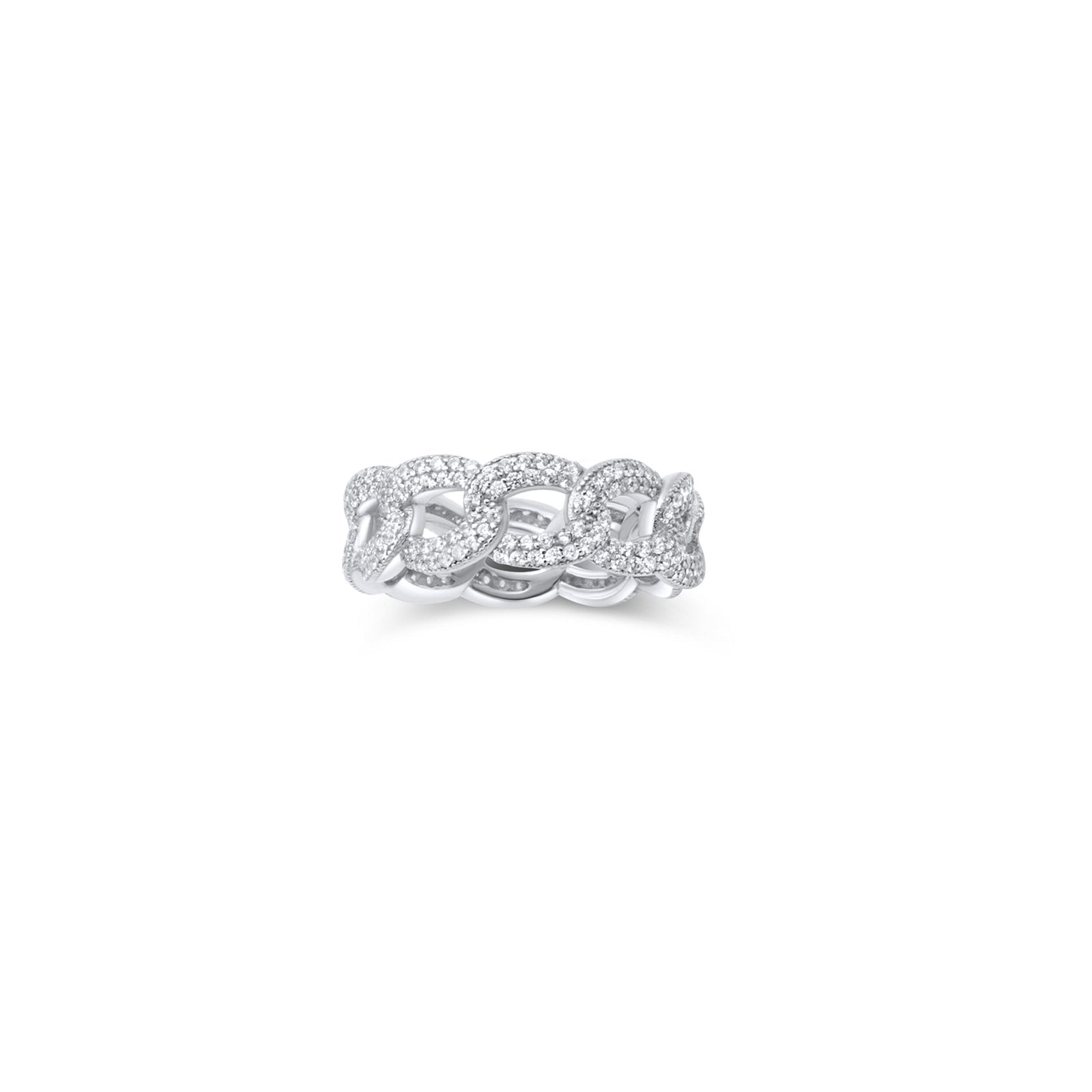 Sterling Silver Curb Chain Pavé Ring on a white background– Semi-Fine Statement Jewelry - Camille Jewelry