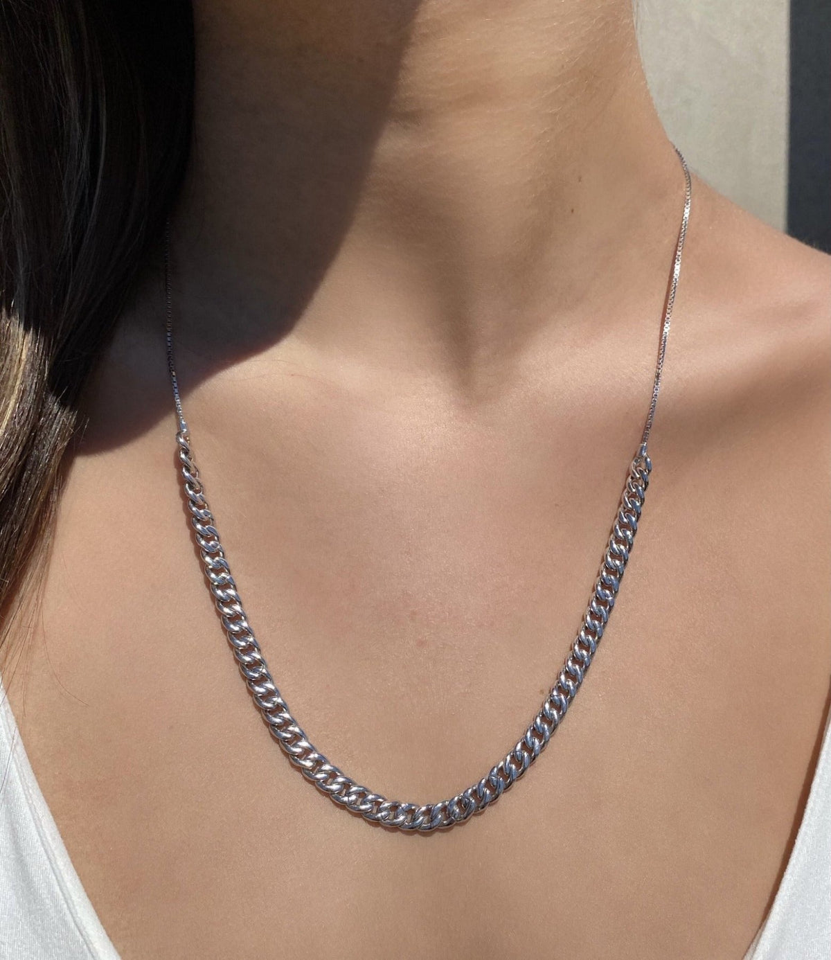 Sterling Silver Pave Curb Link Chain Necklace worn as a long style on a models neck–Camille Jewelry