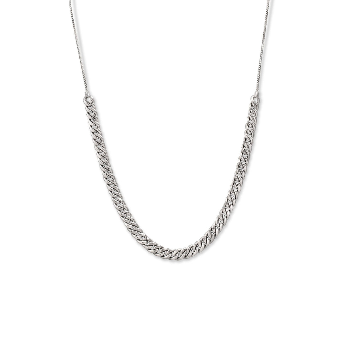 Sterling Silver Pave Curb Link Chain Necklace as a long style on a white background–Camille Jewelry