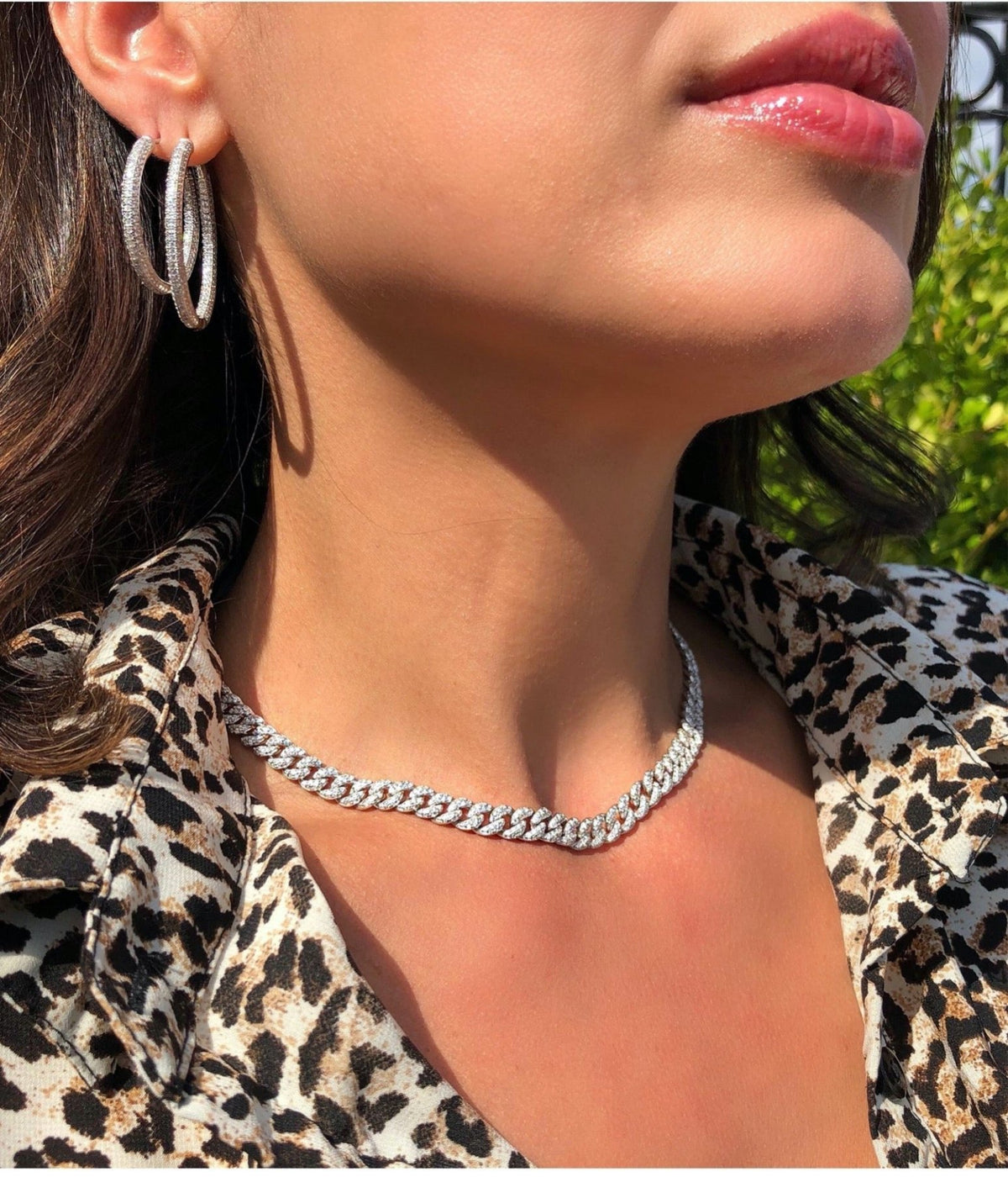 Sterling Silver Pave Curb Link Chain Necklace worn as a choker style on a models neck–Camille Jewelry