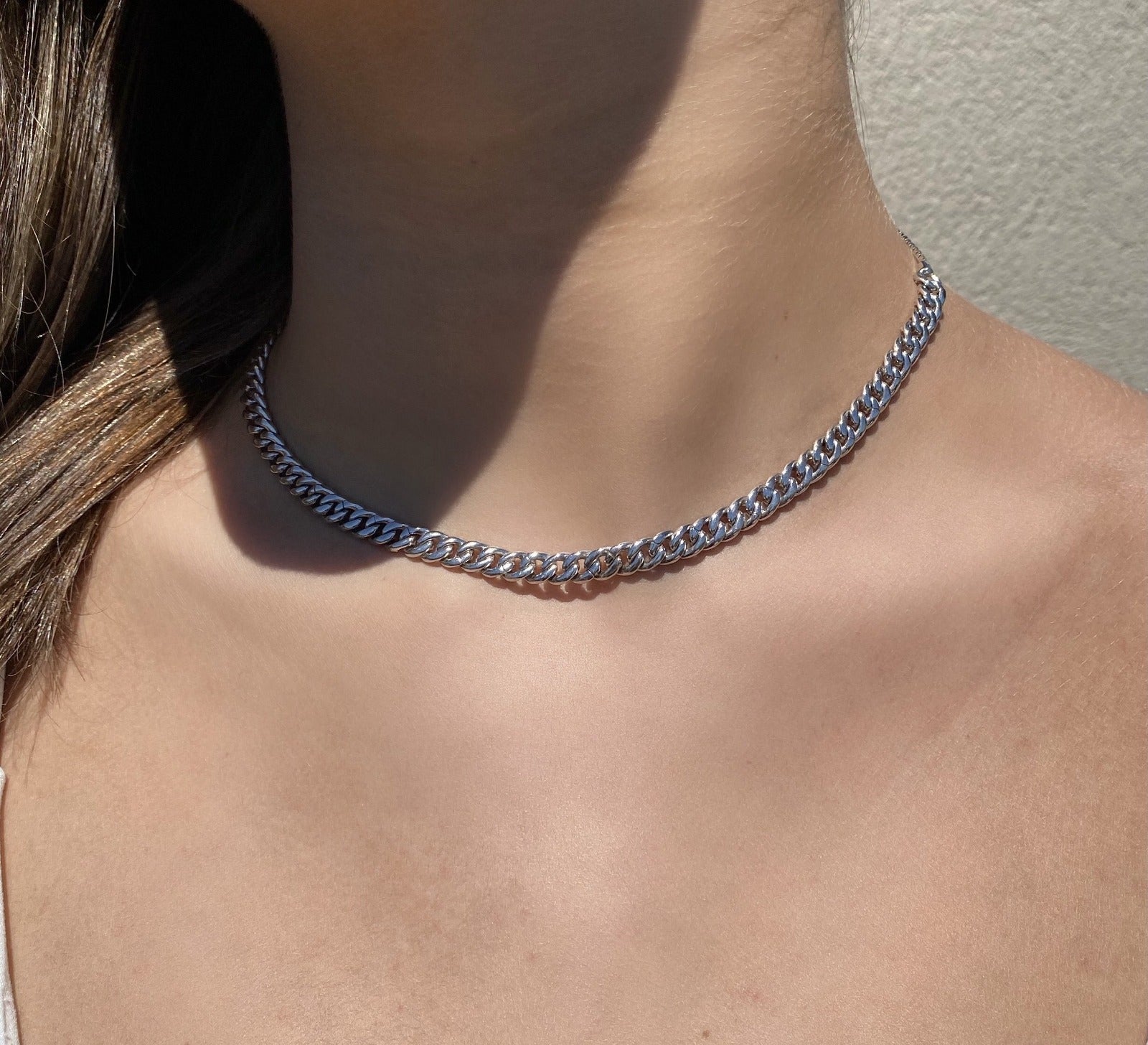 Sterling Silver Pave Curb Link Chain Necklace on a models neck–Camille Jewelry