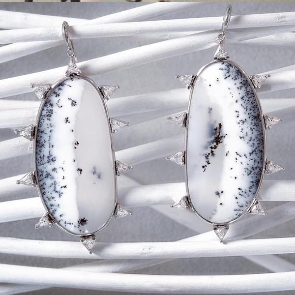 Sterling Silver Dendritic Opal Starburst Earrings On White Branch Displays- Camille Jewelry