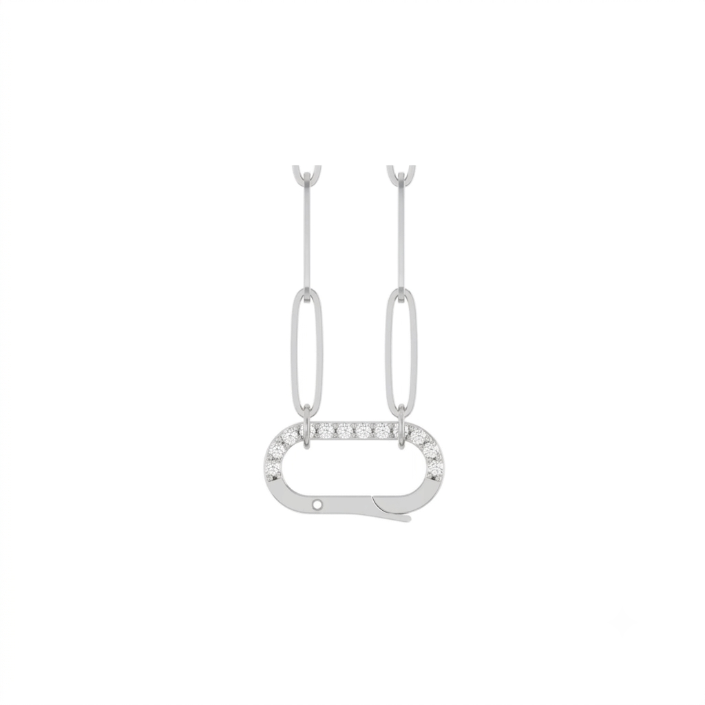 Diamond charm holder necklace in 14K white gold with a pavé set hinged clip on a paperclip chain on a white background by Camille Jewelry