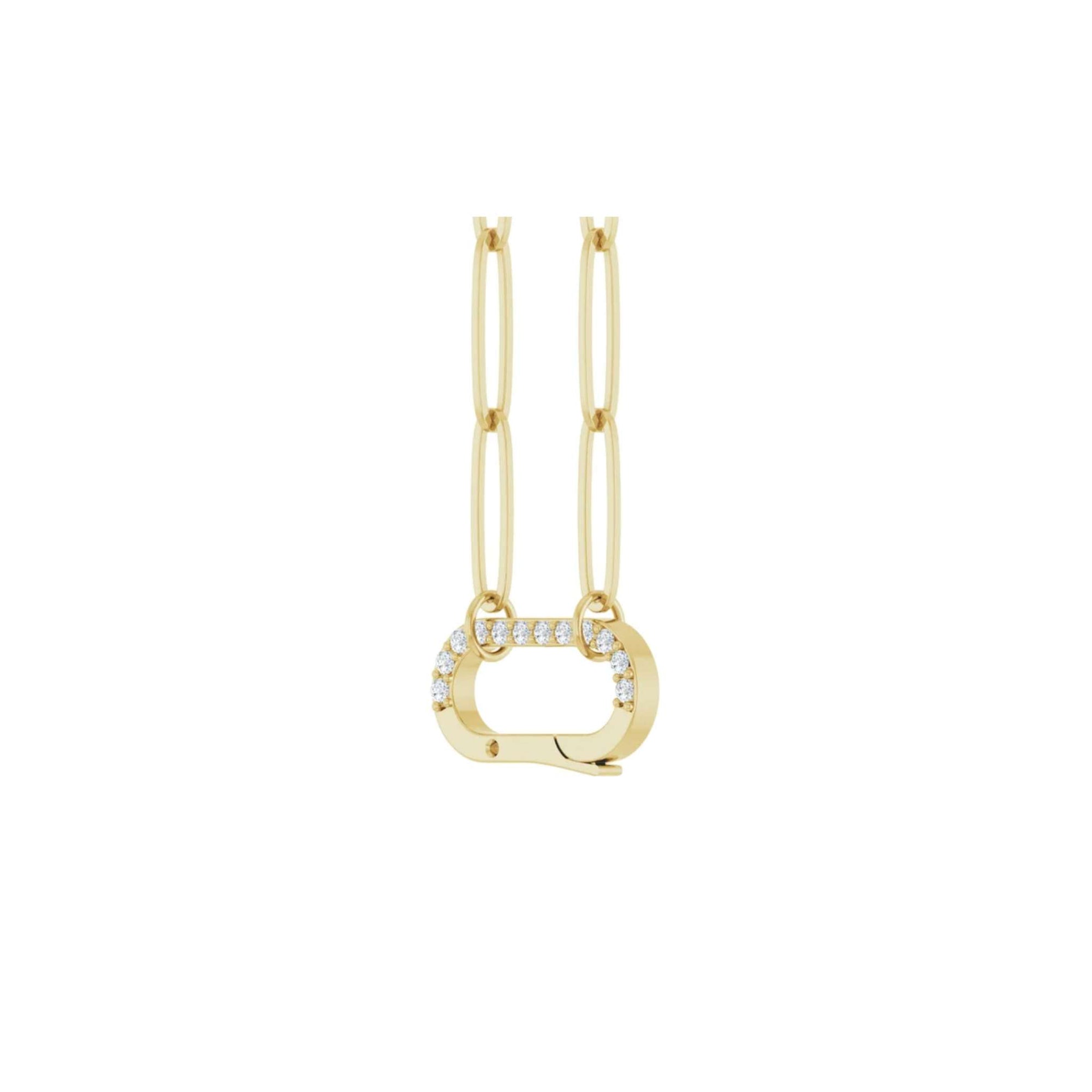 Diamond charm holder necklace in 14K yellow gold with a pavé set hinged clip on a paperclip chain on a white background angled view by Camille Jewelry
