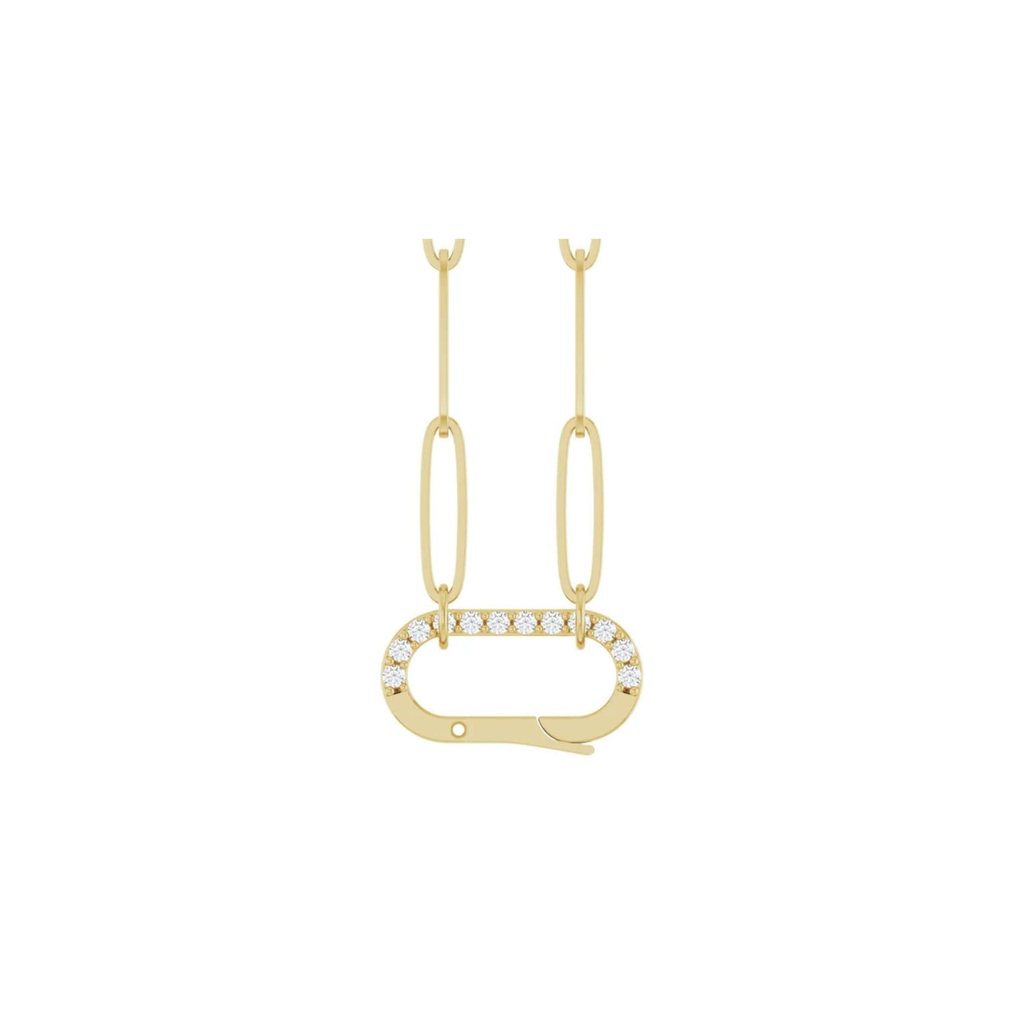 Diamond charm holder necklace in 14K yellow gold with a pavé set hinged clip on a paperclip chain on a white background by Camille Jewelry