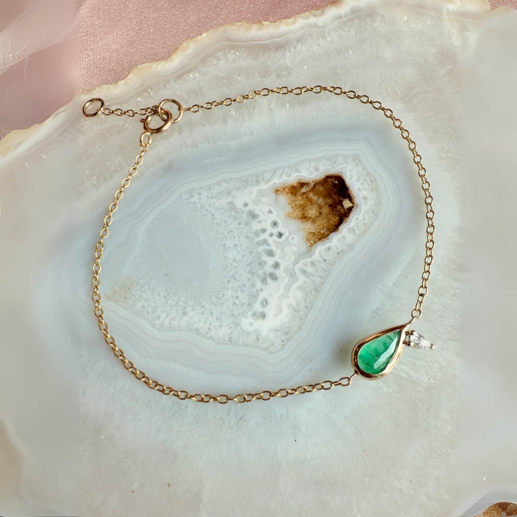 Diamond Emerald Bracelet – 14K Gold Pear - Shaped Emerald with Diamond Accent - Camille Jewelry
