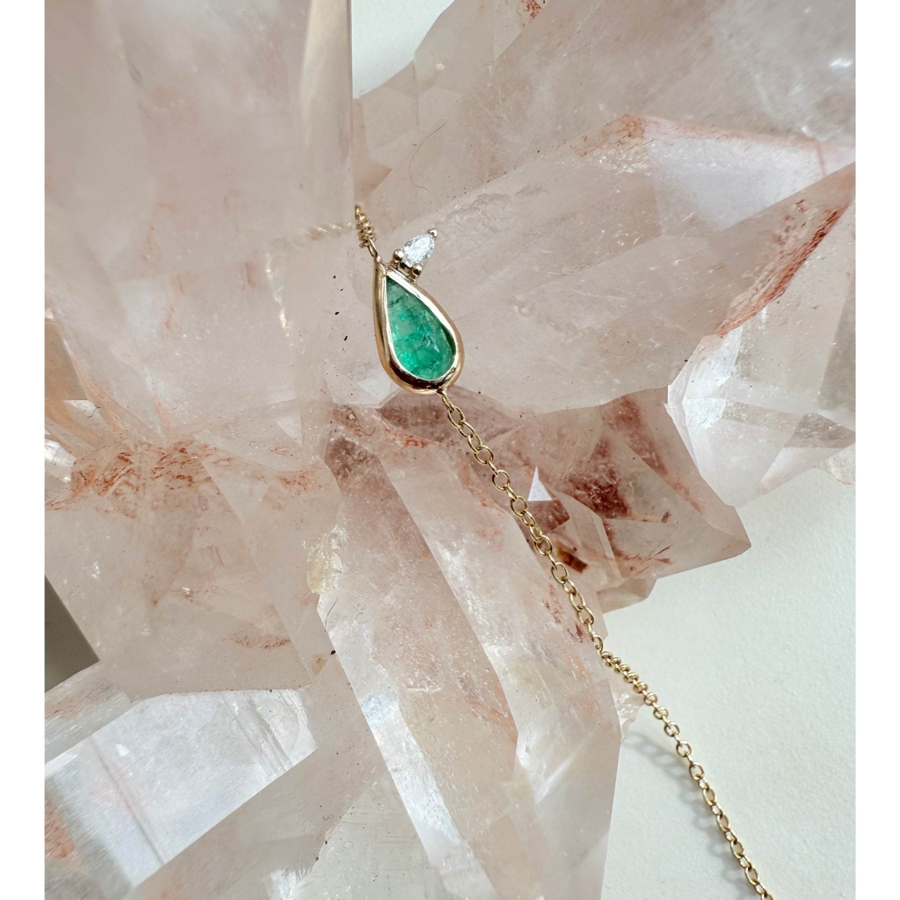 Diamond Emerald Bracelet – 14K Gold Pear - Shaped Emerald with Diamond Accent - Camille Jewelry