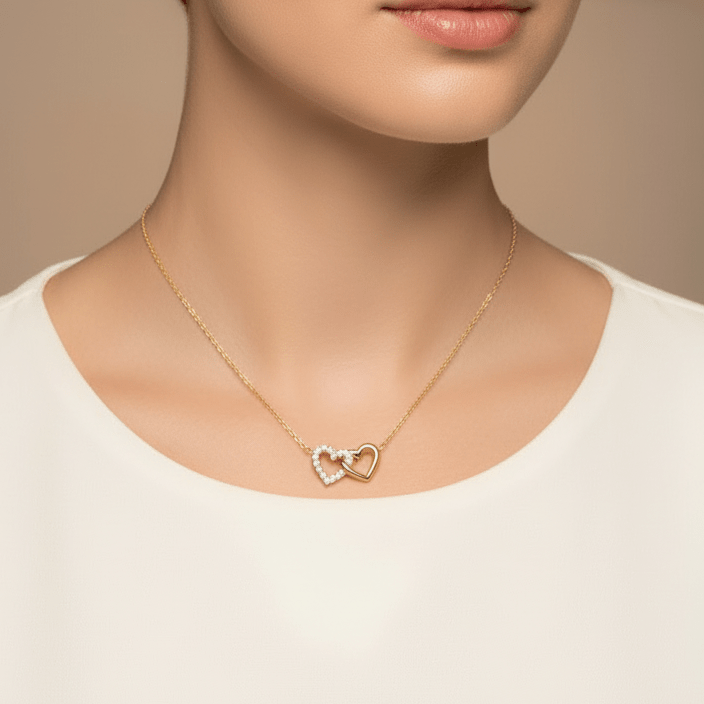 Diamond Heart Necklace in 14K Gold with Interlocking Heart Pendant - Camille Jewelry