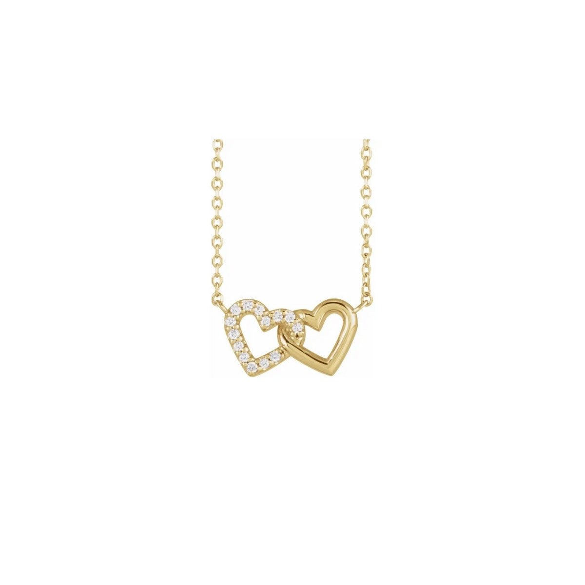 14K yellow Diamond Mini Interlocking Heart Necklace on a white background - Camille Jewelry