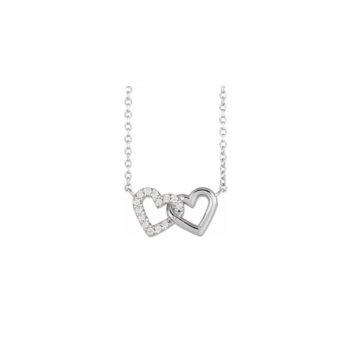 14k white gold Diamond Mini Interlocking Heart Necklace on a white background - Camille Jewelry