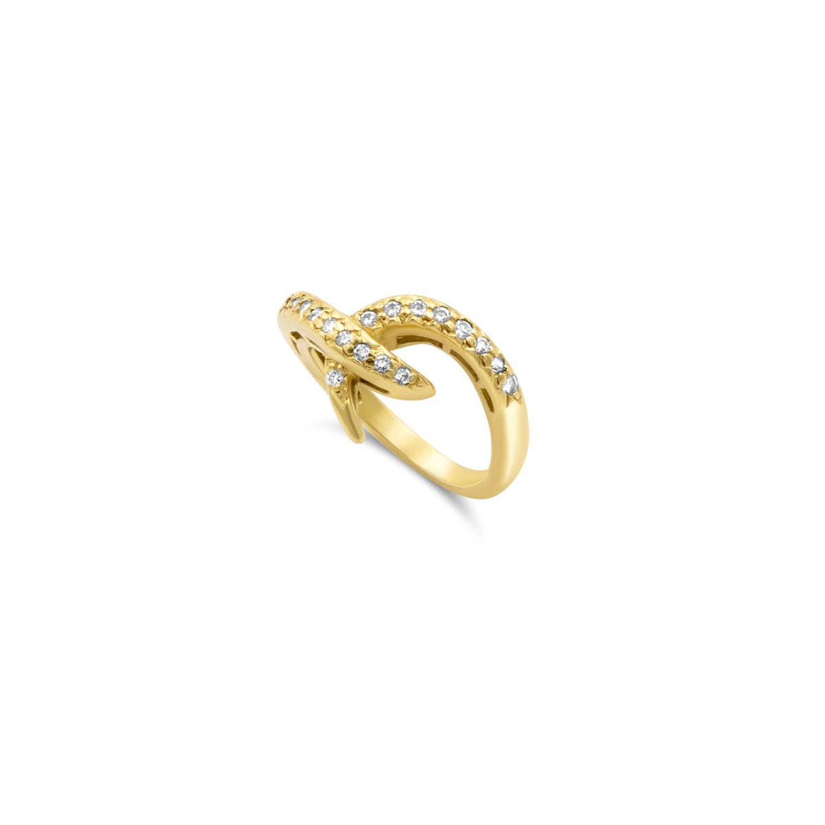 Diamond hook ring in solid 14K yellow gold with pavé set diamonds on a white background by Camille Jewelry top view