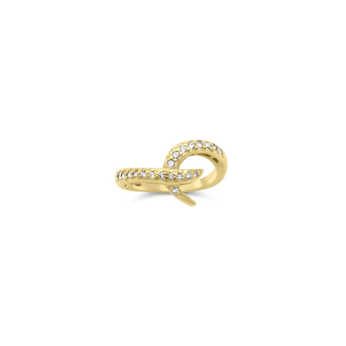 Diamond hook ring in solid 14K yellow gold with pavé set diamonds on a white background by Camille Jewelry
