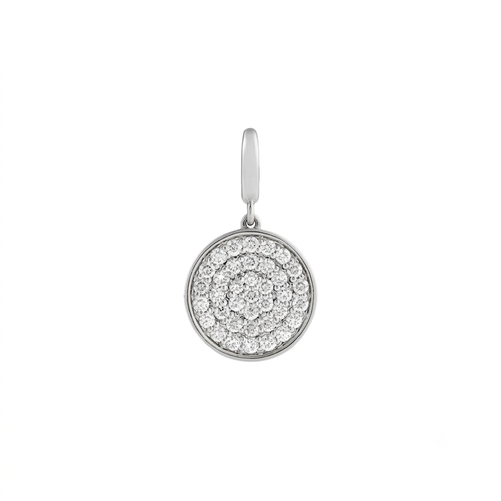 Diamond pavé disc charm in solid 14K white gold with a round pavé diamond face and a gold lobster clasp bail by Camille Jewelry.