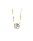 14K yellow gold Natural Diamond French Halo Solitaire Necklace On White Background- Camille Jewelry