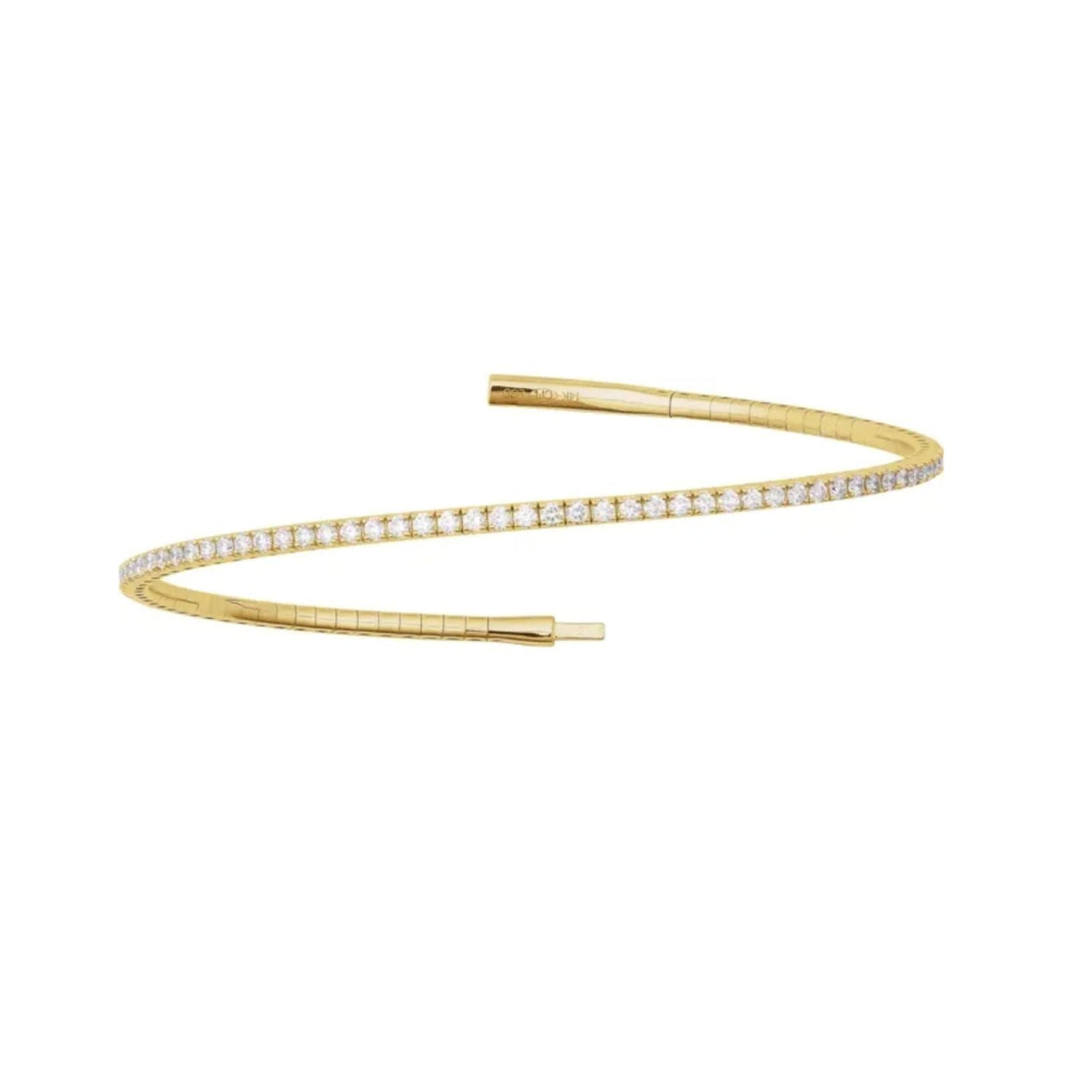 Diamond Tennis Bracelet | 14K Gold Flexible Bangle 1.5–3 CTW shown twisted open on a white background - Camille Jewelry