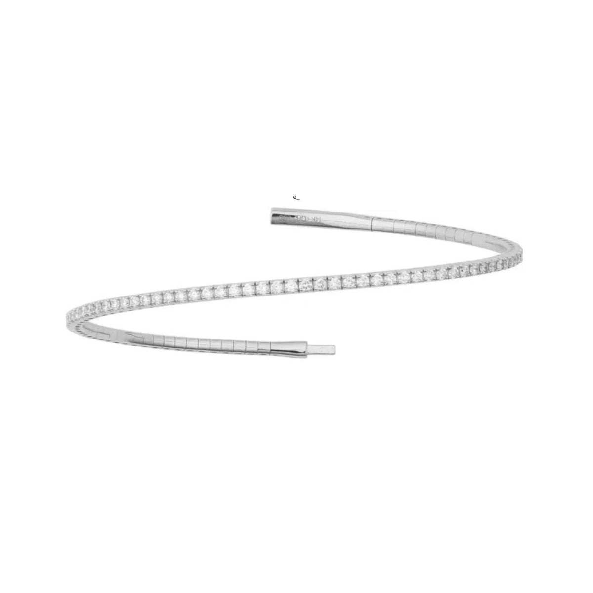 Diamond Tennis Bracelet | 14K White Gold Flexible Bangle 1.5–3 CTW on a white background shown open- Camille Jewelry