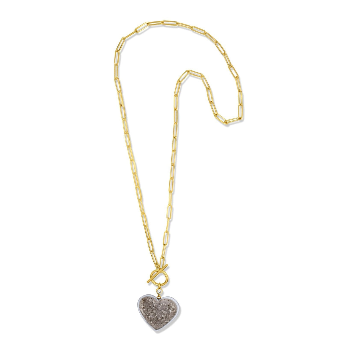 Gold Filled Druzy Quartz Heart Necklace oon a white background|- Camille Jewelry