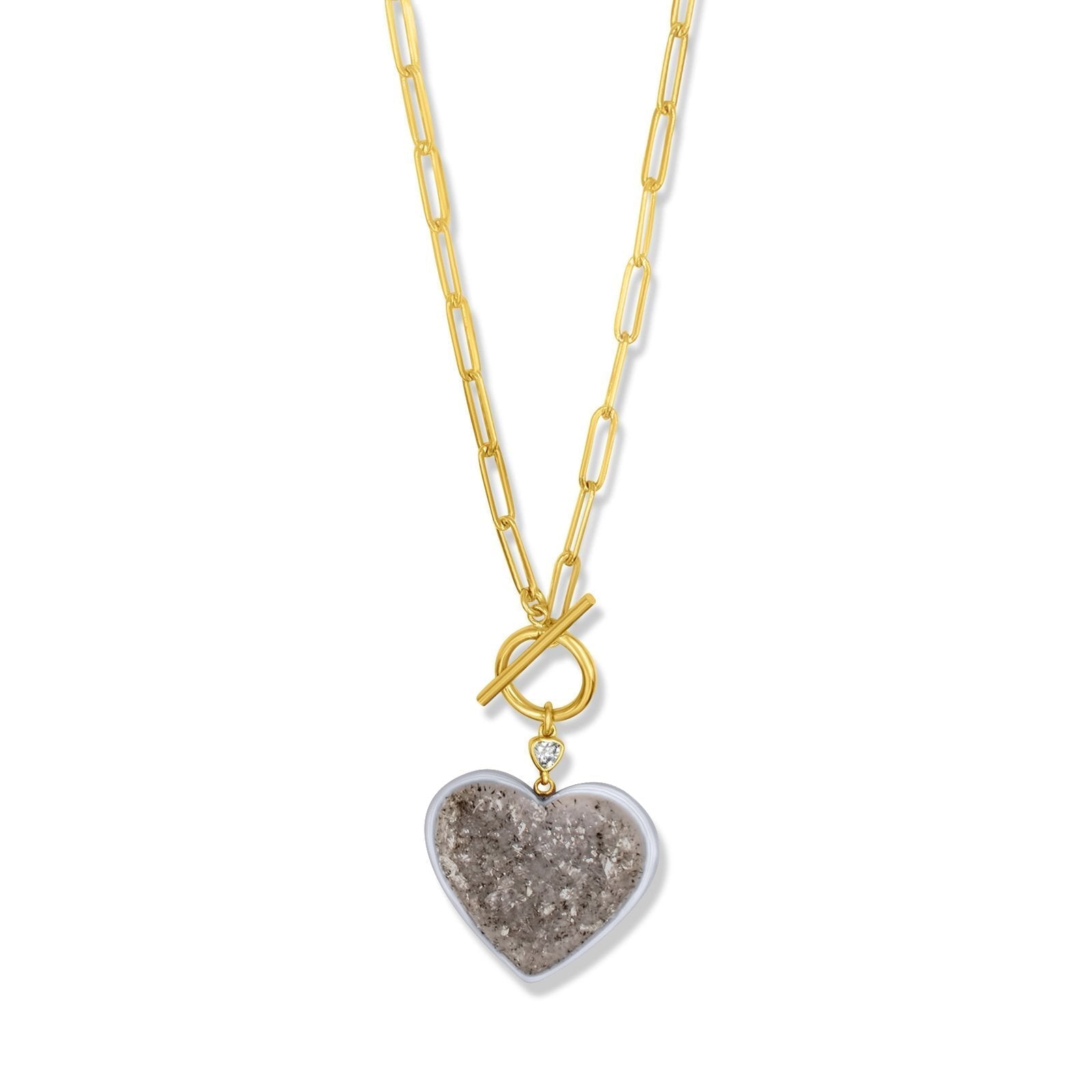 Druzy Quartz Heart Pendant Necklace on a white background - Camille Jewelry
