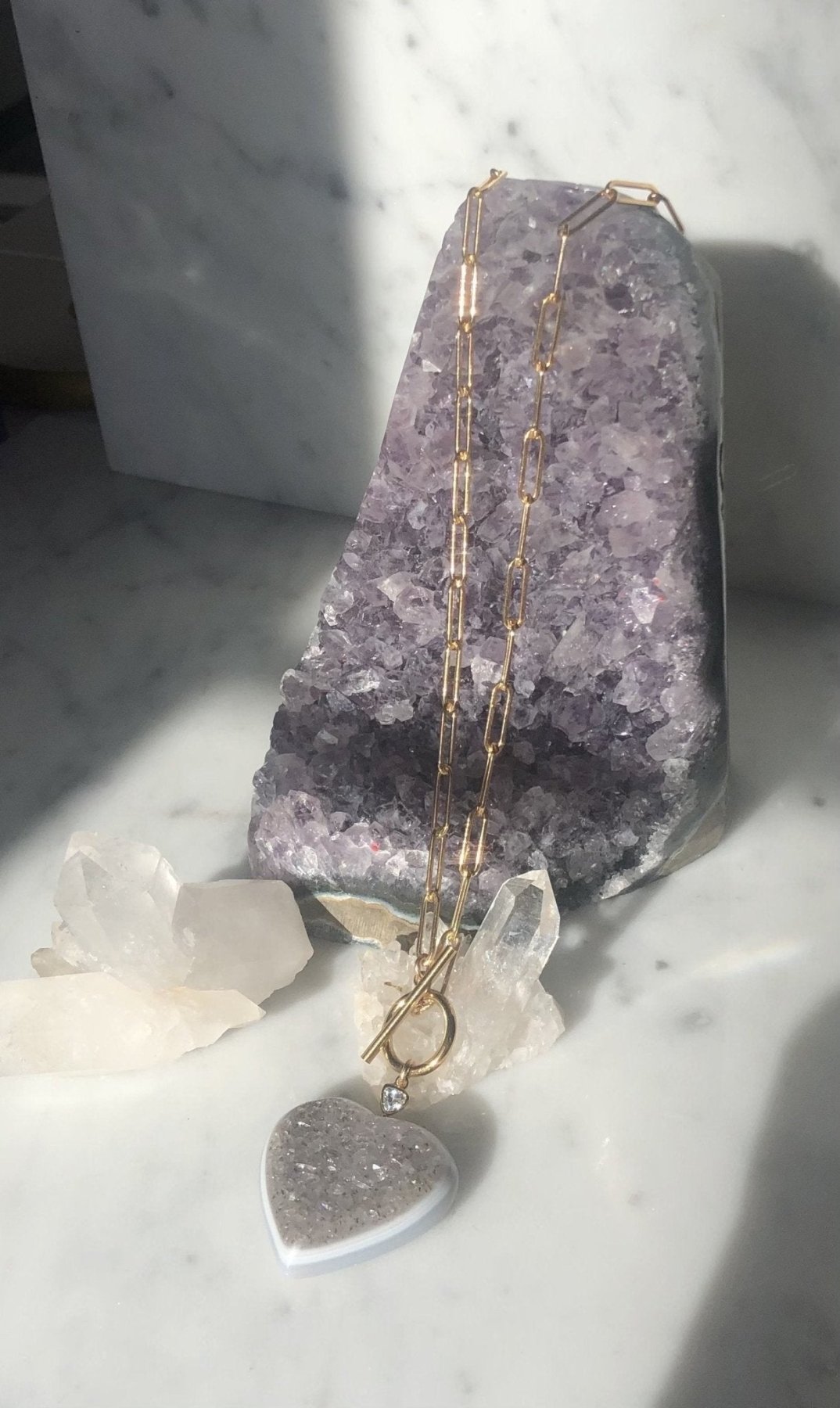 Amethyst druzy Quartz Heart Pendant Necklace | Sparkling Natural Stone Jewelry - Camille Jewelry