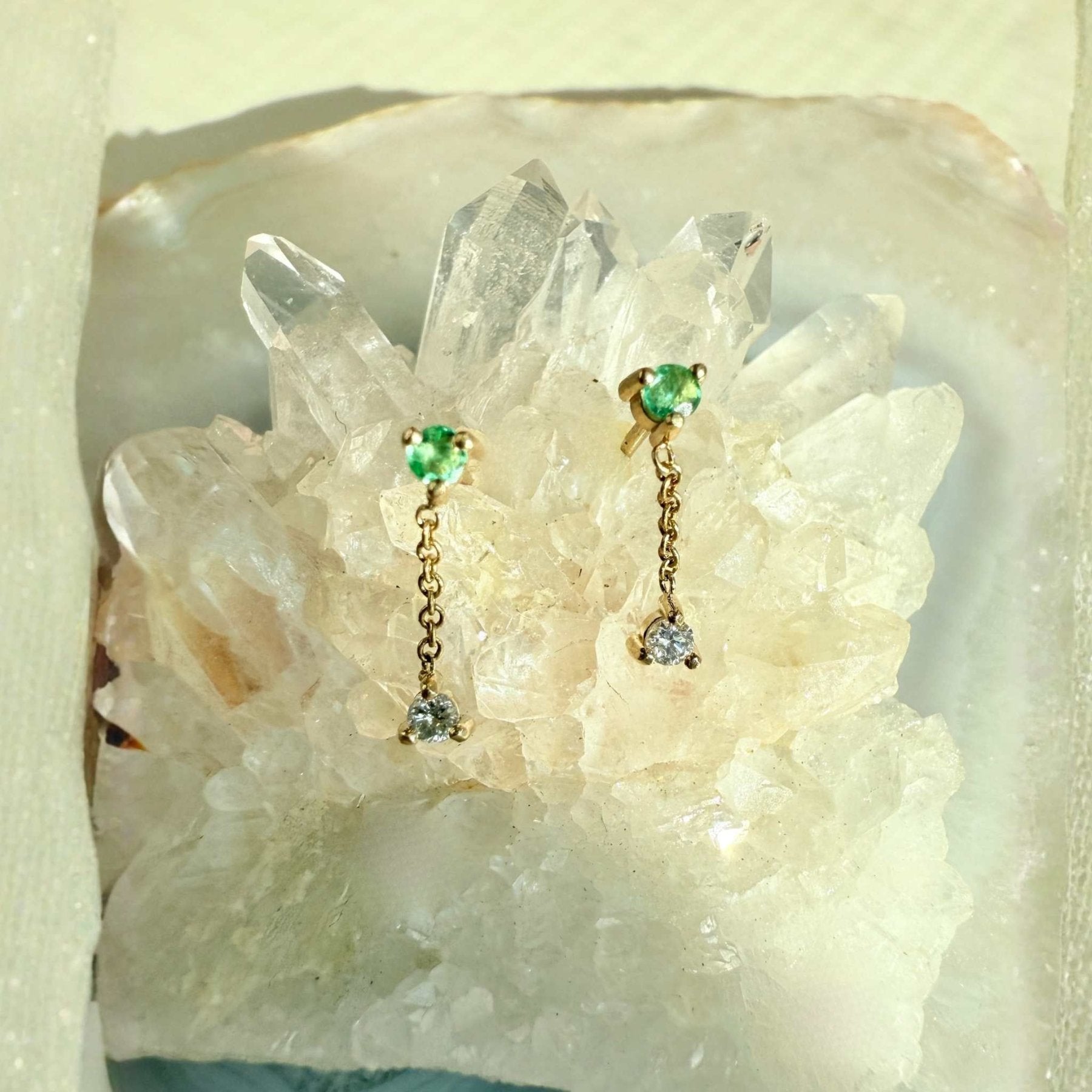 Emerald & Diamond Micro Stud Earrings in 14K Gold - Camille Jewelry