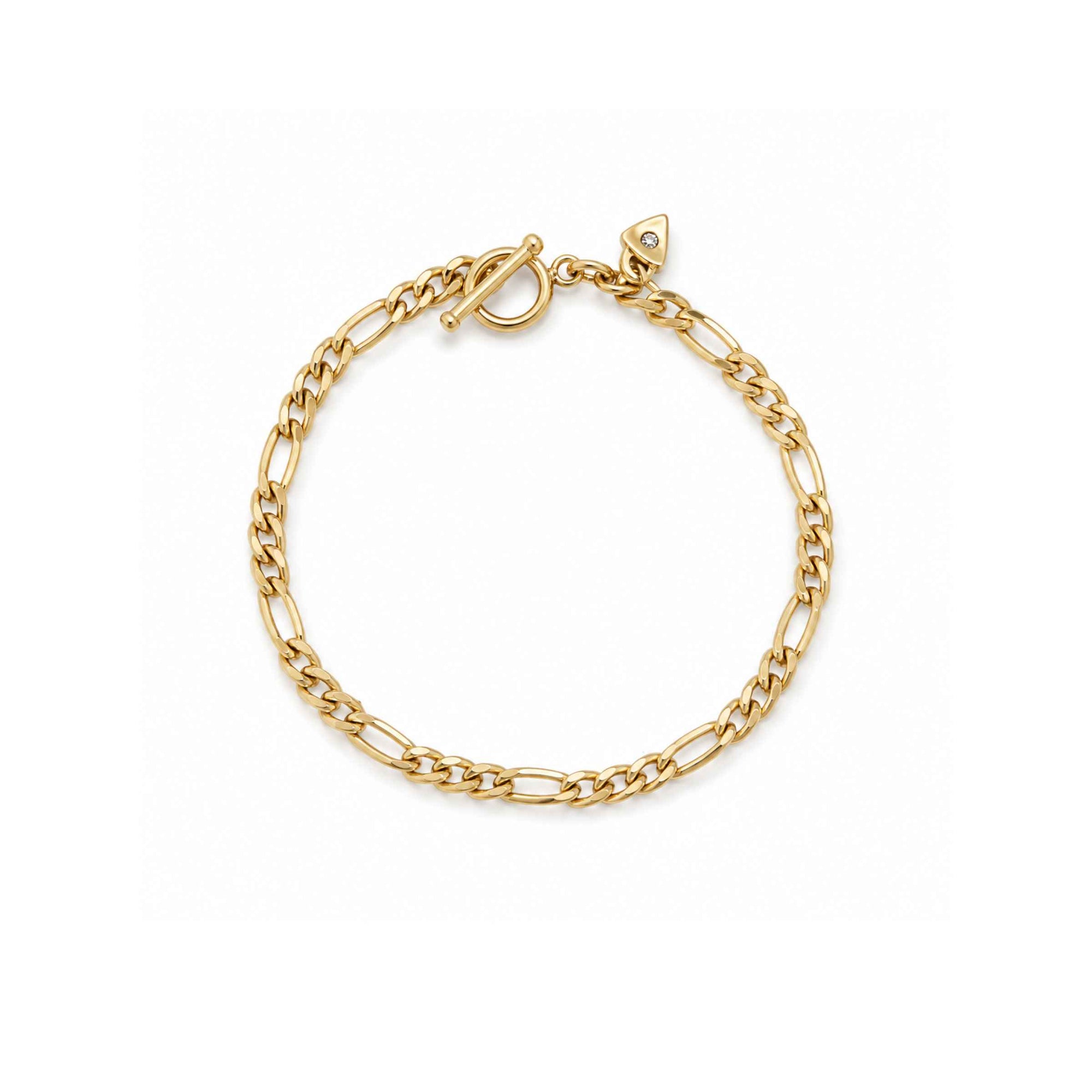 Figaro chain bracelet in 14K gold filled, 2.5mm gauge, with toggle closure on a white background by Camille Jewelry