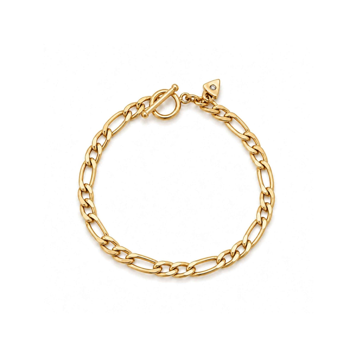Figaro chain bracelet in 14K gold filled, 4mm gauge, with toggle closure on a white background by Camille Jewelry