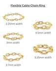 Flexible yellow Gold Cable Chain Rings in different sizes on a white background - Camille Jewelry