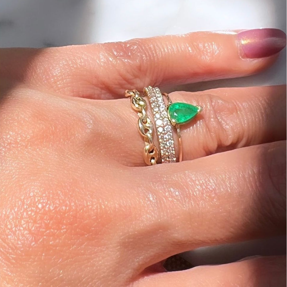 Gold Mariner Chain Ring with flexible design on a models hand- Camille Jewelry
