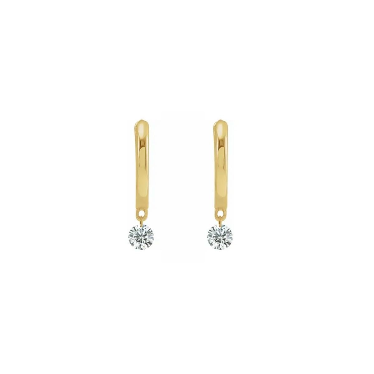 14K yellow gold Drilled Diamond Dangle Hoop Earrings on a white background - Camille Jewelry