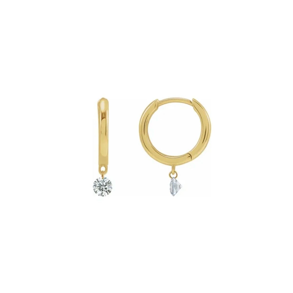 14K yellow gold Dangle Drilled Diamond Hoop Earrings on a white background - Camille Jewelry