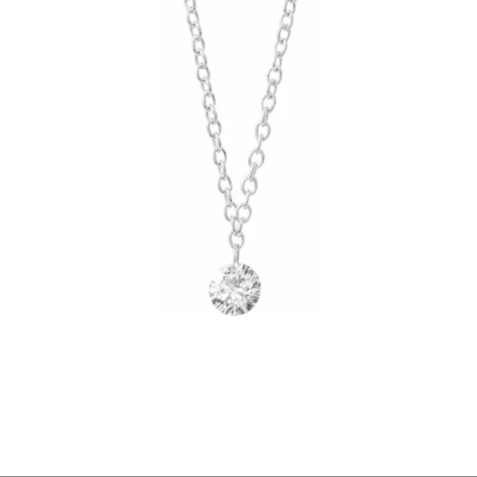 14k white gold floating Drilled Diamond Necklace on a white background- Camille Jewelry