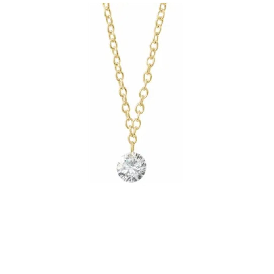 14K yellow gold floating Drilled Diamond Necklace on a white background- Camille Jewelry