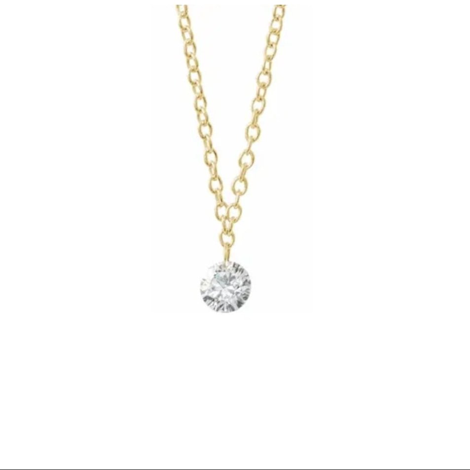 14K yellow gold floating Drilled Diamond Necklace on a white background- Camille Jewelry