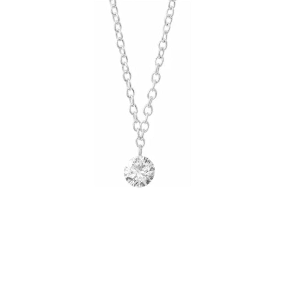 14k white gold floating Drilled Diamond Necklace on a white background- Camille Jewelry