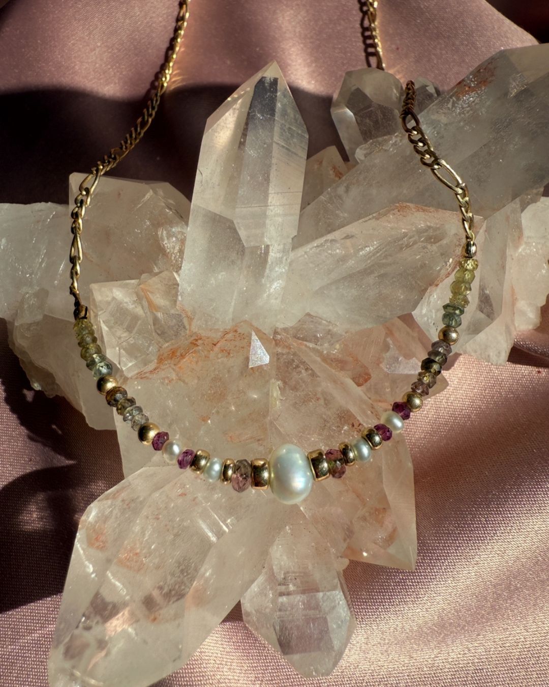Gemstone Bead Necklace with Gold Figaro Chain – Vibrant Tourmaline &amp; Pearls - Camille Jewelry