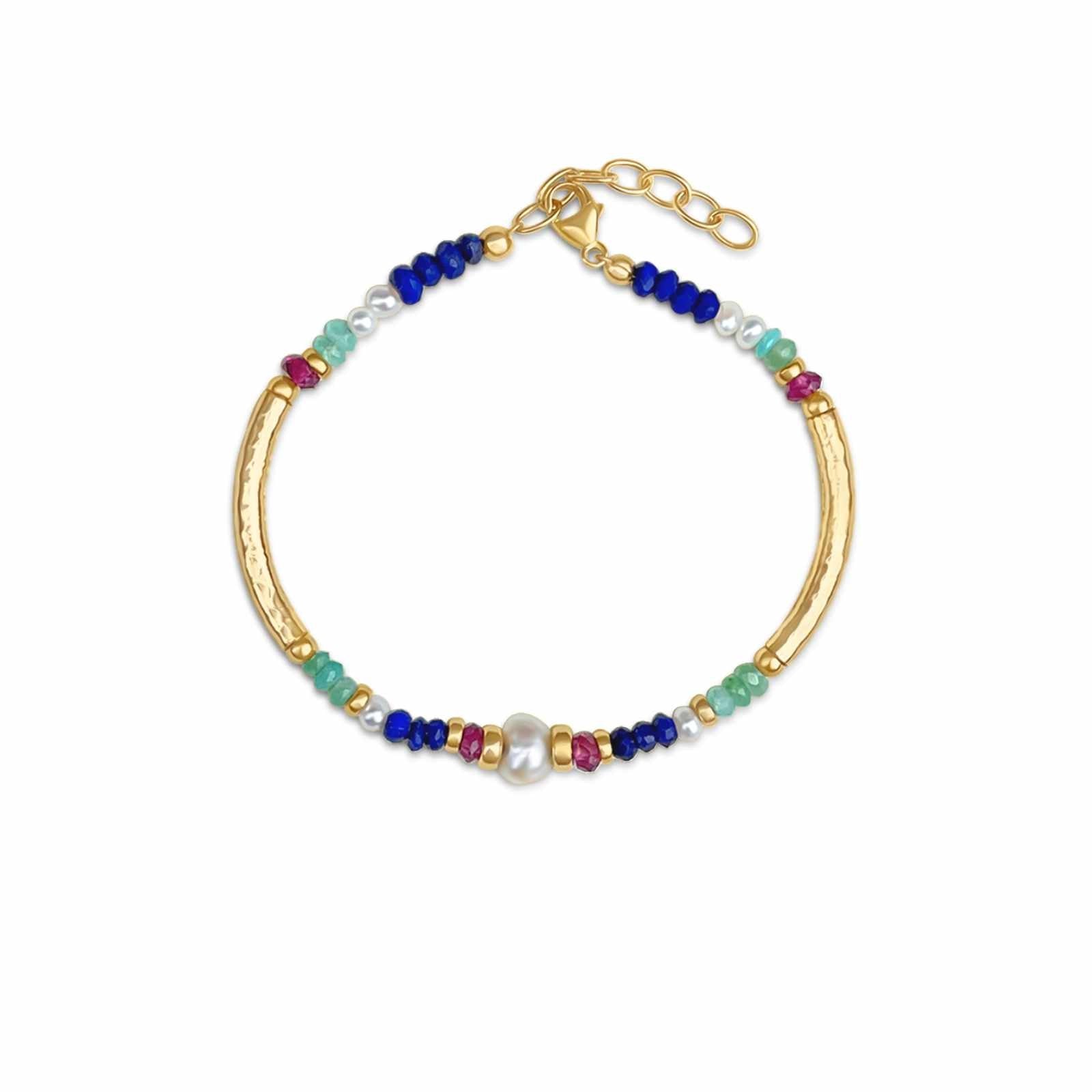 Gemstone Beaded Bracelet in 14K Gold Filled with Lapis, Pearl and Opal - Camille Jewelry