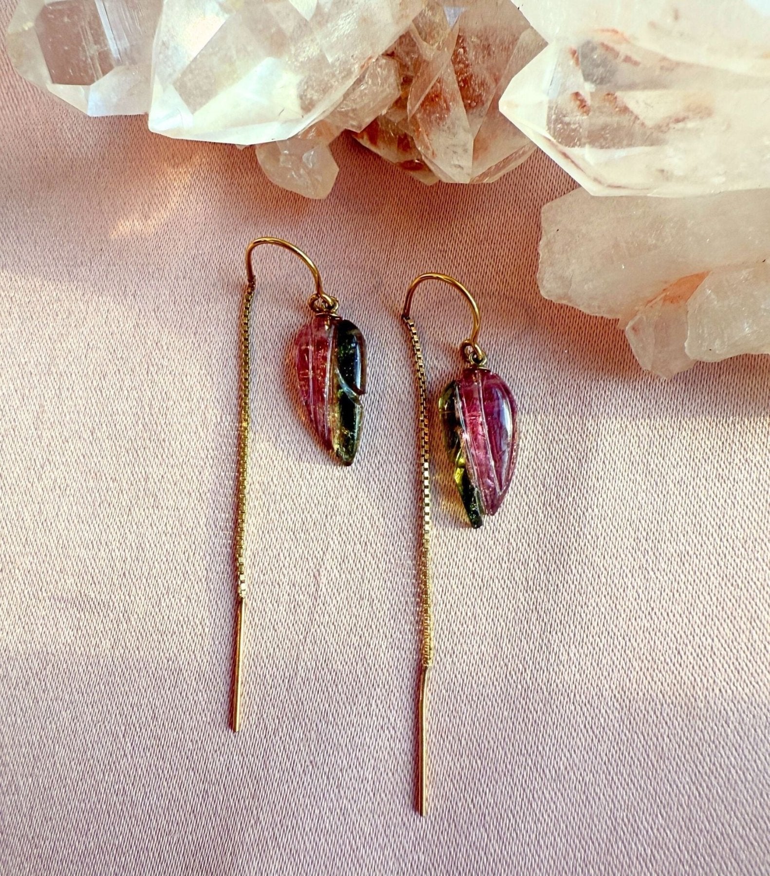 Gemstone Earrings Drop – Touramaline Gold Threader - Camille Jewelry