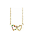 14K Gold Rainbow Gemstone Mini Interlocking Heart Necklace on a white background - Camille Jewelry