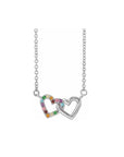 14K White Gold Rainbow Gemstone Mini Interlocking Heart Necklace on a white background - Camille Jewelry
