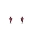 Kite cut lab created ruby stud earrings in 14K white gold on a white background by Camille Jewelry