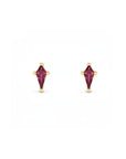 Kite cut lab created emerald stud ruby in 14K yellow gold on a white background by Camille Jewelry