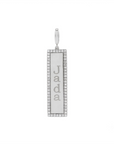 Engravable gold bar charm in 14K white gold with a natural diamond border on a white background by Camille Jewelry