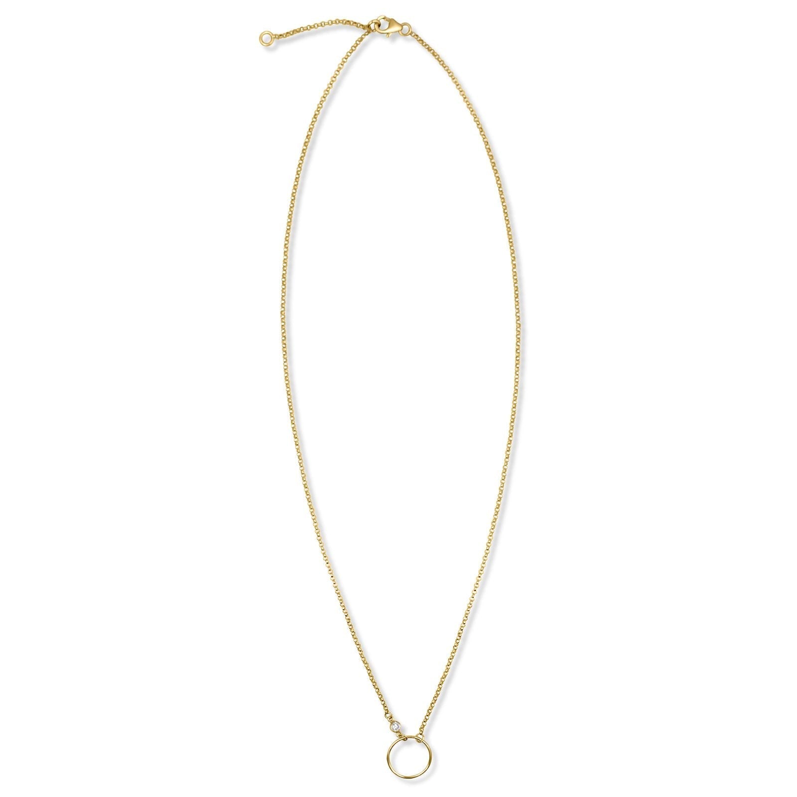 Gold circle necklace in 14K gold filled with bezel set cubic zirconia pendant on a white background by Camille Jewelry
