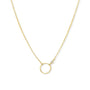 Gold circle necklace in 14K gold filled with bezel set cubic zirconia pendant on a white background by Camille Jewelry