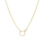 Gold circle necklace in 14K gold filled with bezel set cubic zirconia pendant on a white background by Camille Jewelry